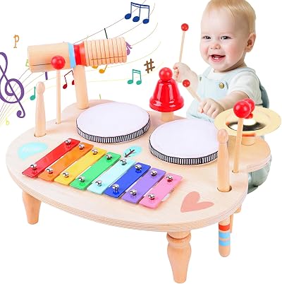 XIAPIA Kids Drum Kit 8-in-1 Wooden Musical Instrument Set Xylophone 18 Months+