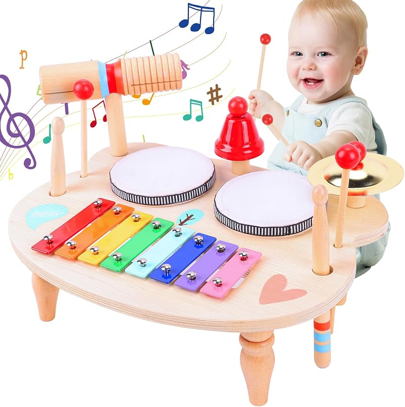XIAPIA Kids Drum Kit 8-in-1 Wooden Musical Instrument Set Xylophone 18 Months+