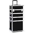 OUDMAY Makeup Train Case 4 in 1 Professional Cosmetics Rolling Organizer Aluminum Frame and Folding Trays