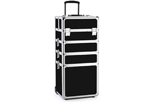 OUDMAY Makeup Train Case 4 in 1 Professional Cosmetics Rolling Organizer Aluminum Frame and Folding Trays