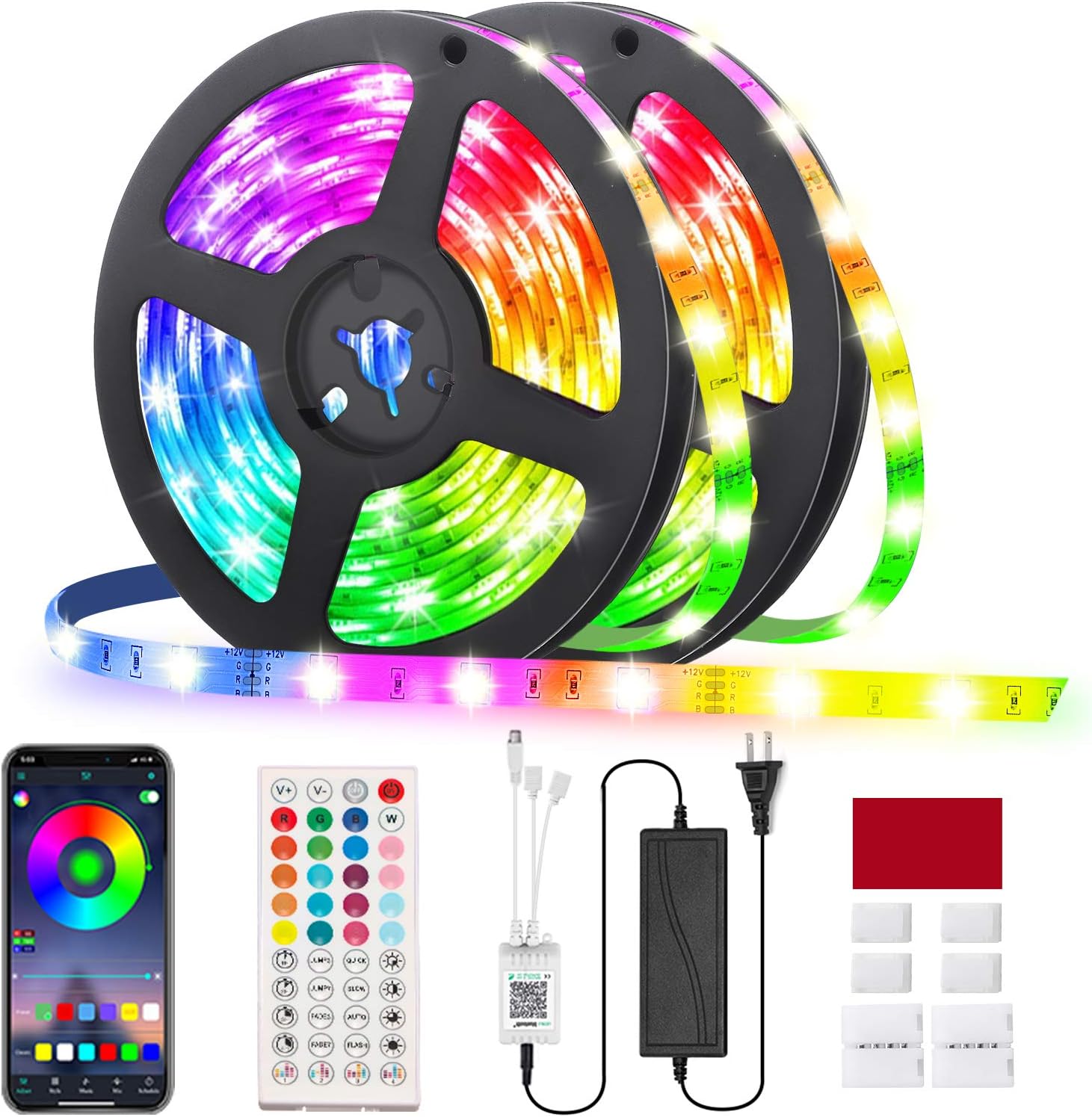 RGB Led Strip Lights 32.8ft,GLIME 10m Led Strips with App Controlled & Music Sync, 5050 Flexible Color Changing Led Strip Lights 44 Keys IR Remote for Bedroom Kitchen Party Bar DIY Decoration