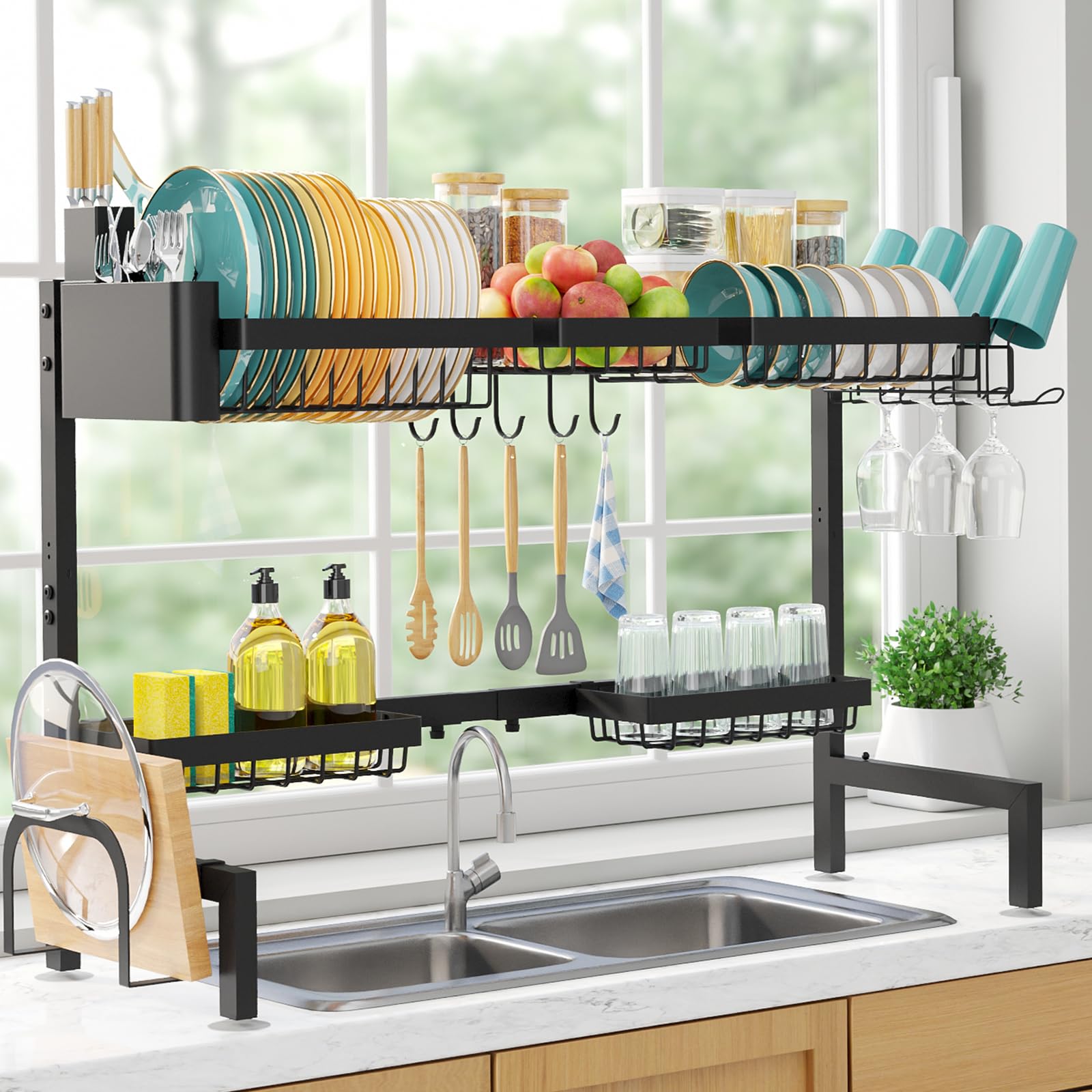 Sakugi Over The Sink Dish Drying Rack - Adjustable 2 Tier X-Large Capacity Stainless Steel Drainer with Cutlery & Utensil Holders, Kitchen Storage & Organization, 32"-39.5" L x 12" W x 25" H, Black Image