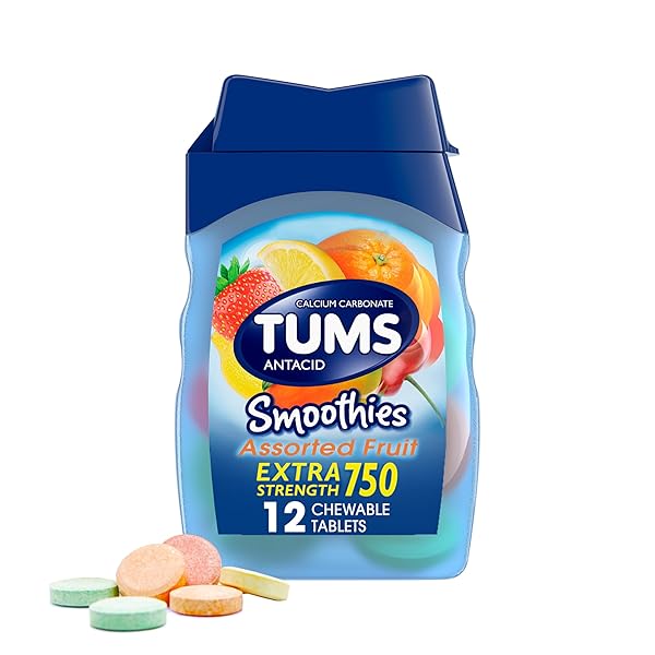 TUMS SMOOTHIES EXTRA STRENGTH ANTACID CHEWABLE TABLETS FOR HEARTBURN RELIEF, ASSORTED FRUIT – 12 COUNT