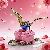 SEVENBEES Decorative Jewelry Boxes for Ring - Hummingbird Figurine Hinged Trinket Box - Hummingbird on Pink Flowers Figurine Collectibles