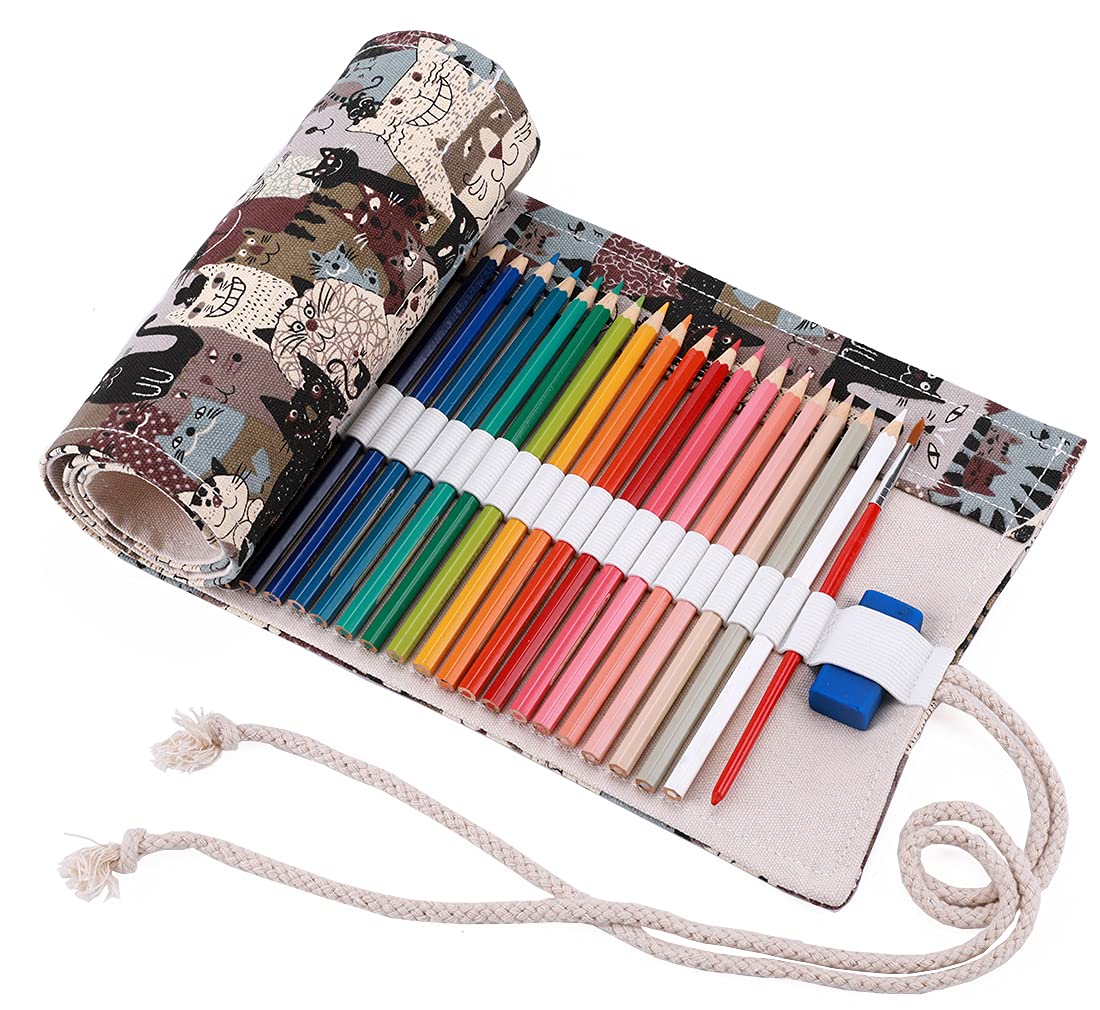 Amoyie Roll Up Pencil Case for 48 Coloured Pencils, Colouring Pens Organiser Bag, Artist Wrap, Canvas Holder, Brown Cat