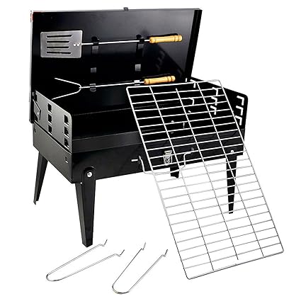 Inditradition Briefcase Style Portable Charcoal BBQ Barbecue, with Chrome Grill & Cooking Tools, Black