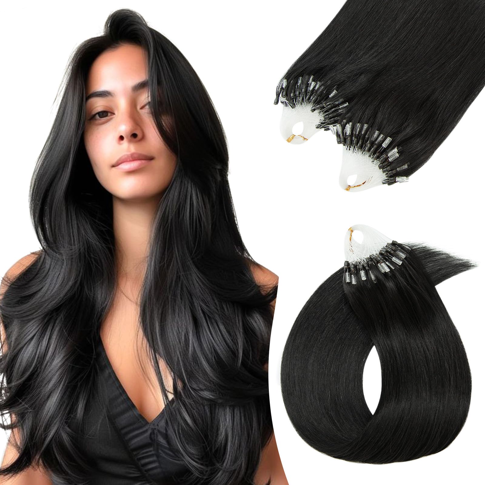 Micro Loop Hair Extensions Real Human Hair Remy 0.5g/S 100S Micro Ring Beads Straight (18inch, #01 Jet Black)