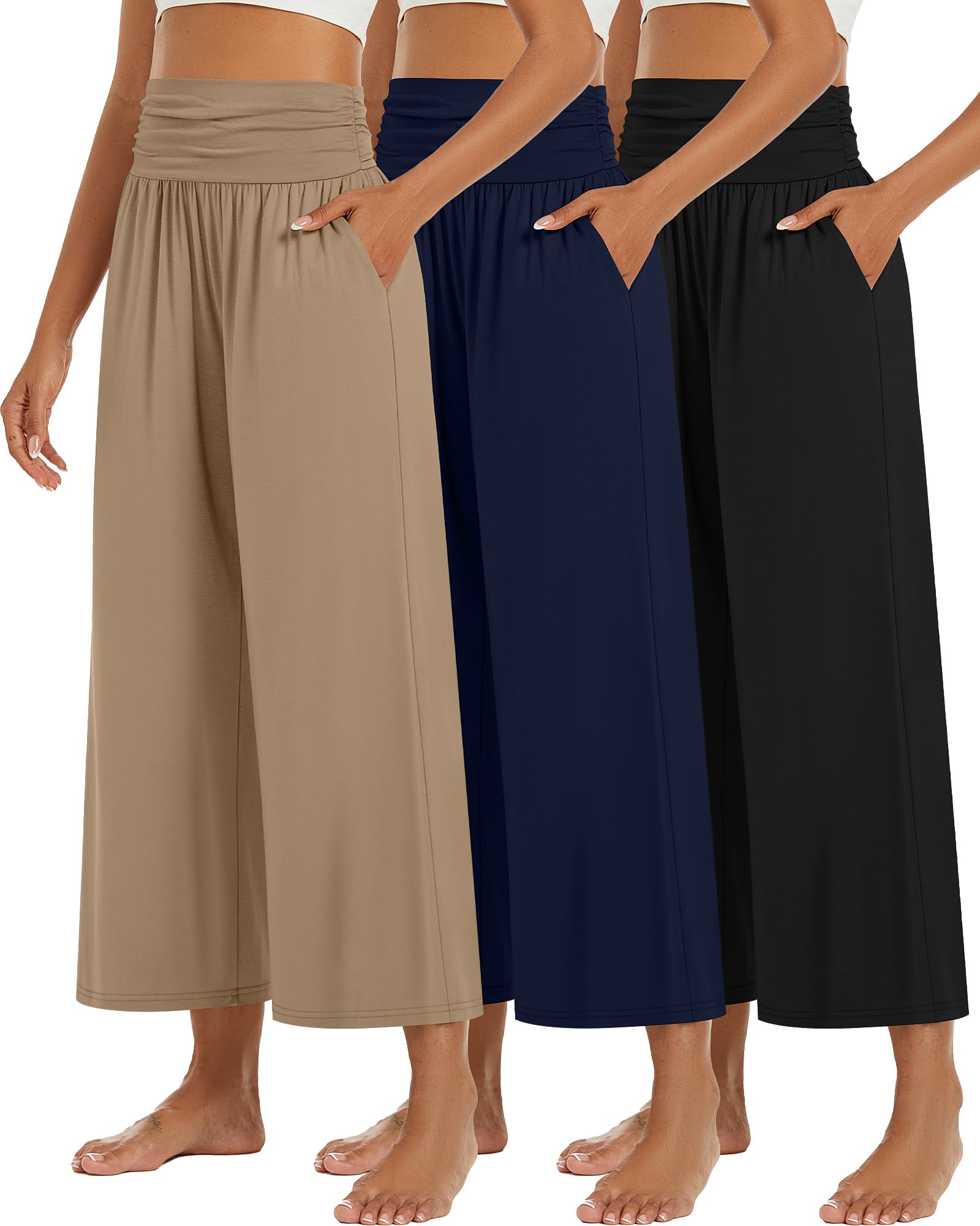 Photo 1 of Huukeay 3 Pack Wide Leg Cropped Pants for Women, High Waist Lounge Yoga Pants Loose Casual Palazzo Capri Trouser with Pockets(Black, Navy Blue, Khaki,S)