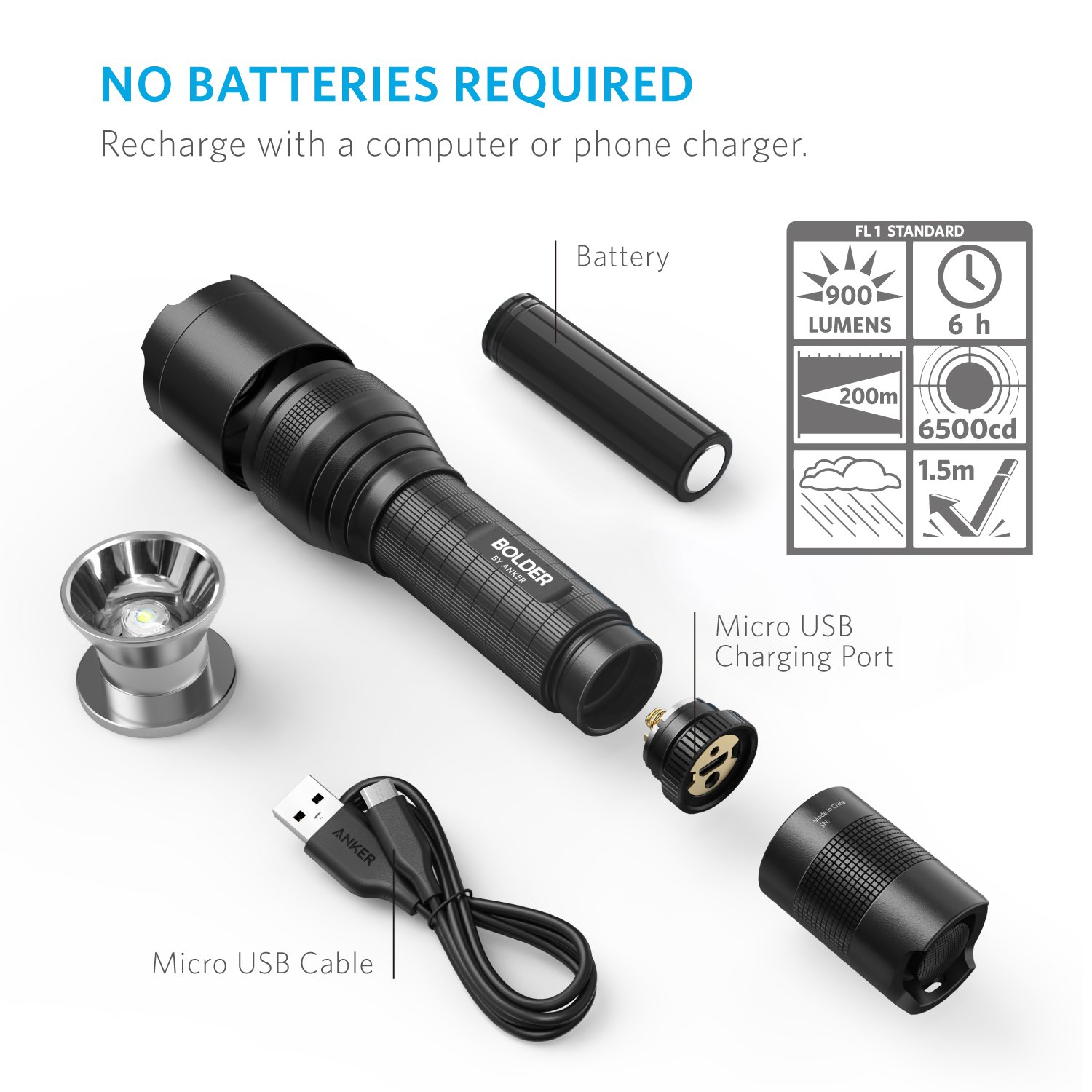 Anker Super Bright Tactical Flashlight, Rechargeable (18650 Battery