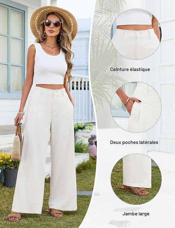 Pantalon Lin Femme Été Fluide Chic Leger Pantalons Taille Haute Élastique Pantacourt Coton Grande Longueur Palazzo Pants avec Bouton Décontractée Travail Couleur Unie avec Poches (Blanc, M)