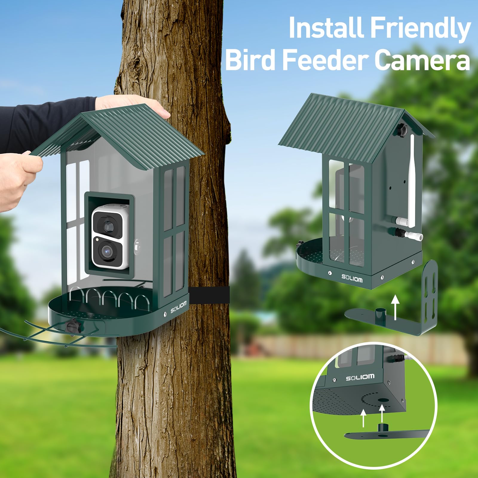 Soliom- Bird Feeder with Camera, 5W Solar Powered, AI Identify Species, Smart Wild Bird Watching, 2K Live View, Instant Arrival Alerts,Large 2.7L Seed Capacity, Metal Squirrel Chew-Proof - BF08 Green