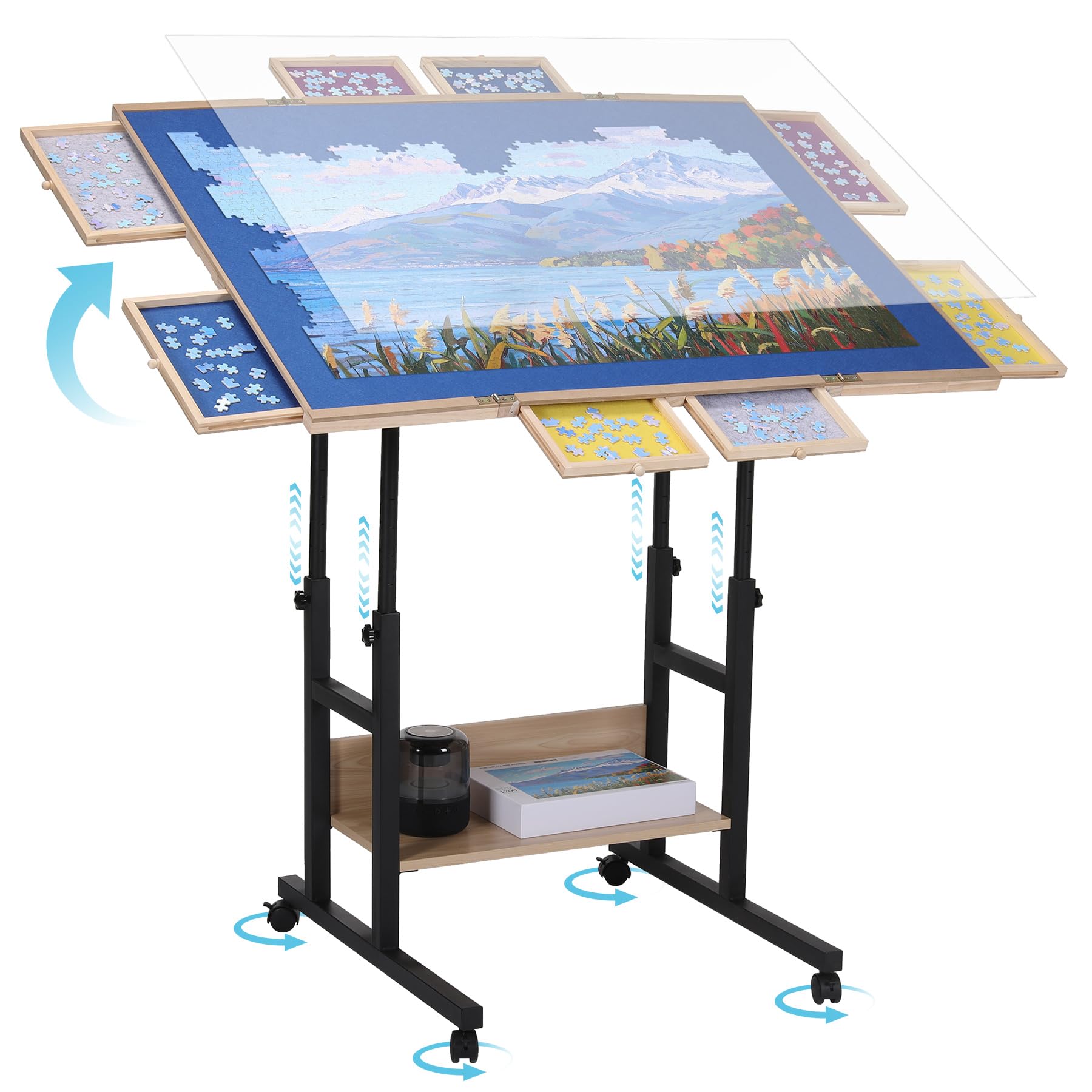 Photo 1 of ***Loose Hardware In Box*** FUNTOK 2000 Piece Jigsaw Puzzle Table with Legs for Adults, Portable Wooden Puzzle Tables with Wheels, Drawers, Adjustable Height with Scales, 5-Tilting-Angle, Transparent Cover, Non-Slip Felt Surface