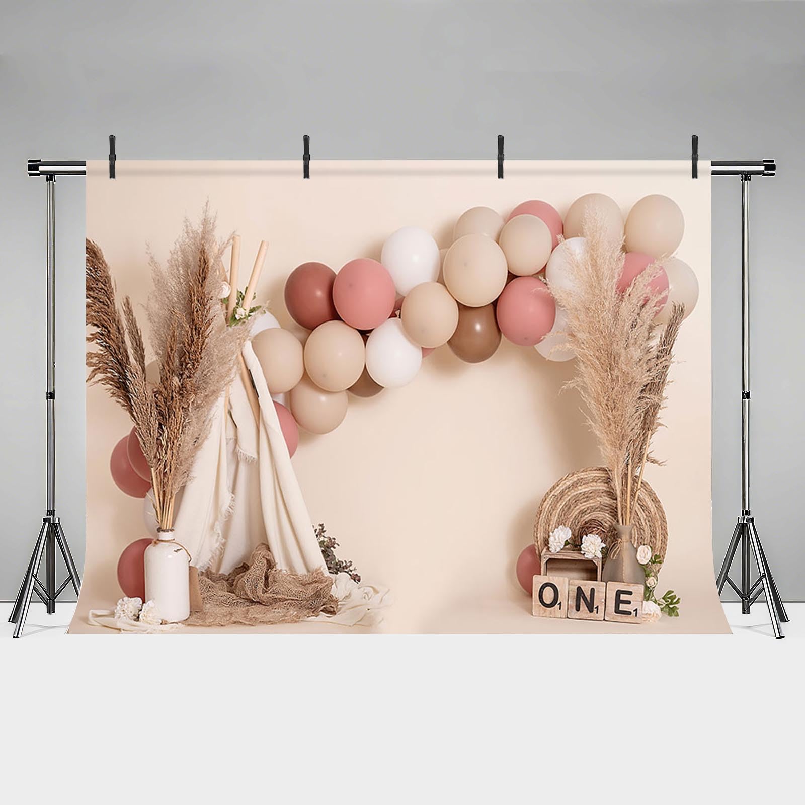 MEHOFOND 7x5ft Girl 1st Birthday Photo Backdrop Pink Balloons Boho Tent Straw Bohemian Theme Party Background Decor Newborn Photography Props Portrait Photobooth Studio