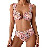 Fanuerg Women's High Waisted Bikini Sets Ditsy Floral Printed Two Piece Swimsuit Adjustable Strap Bathing Suit