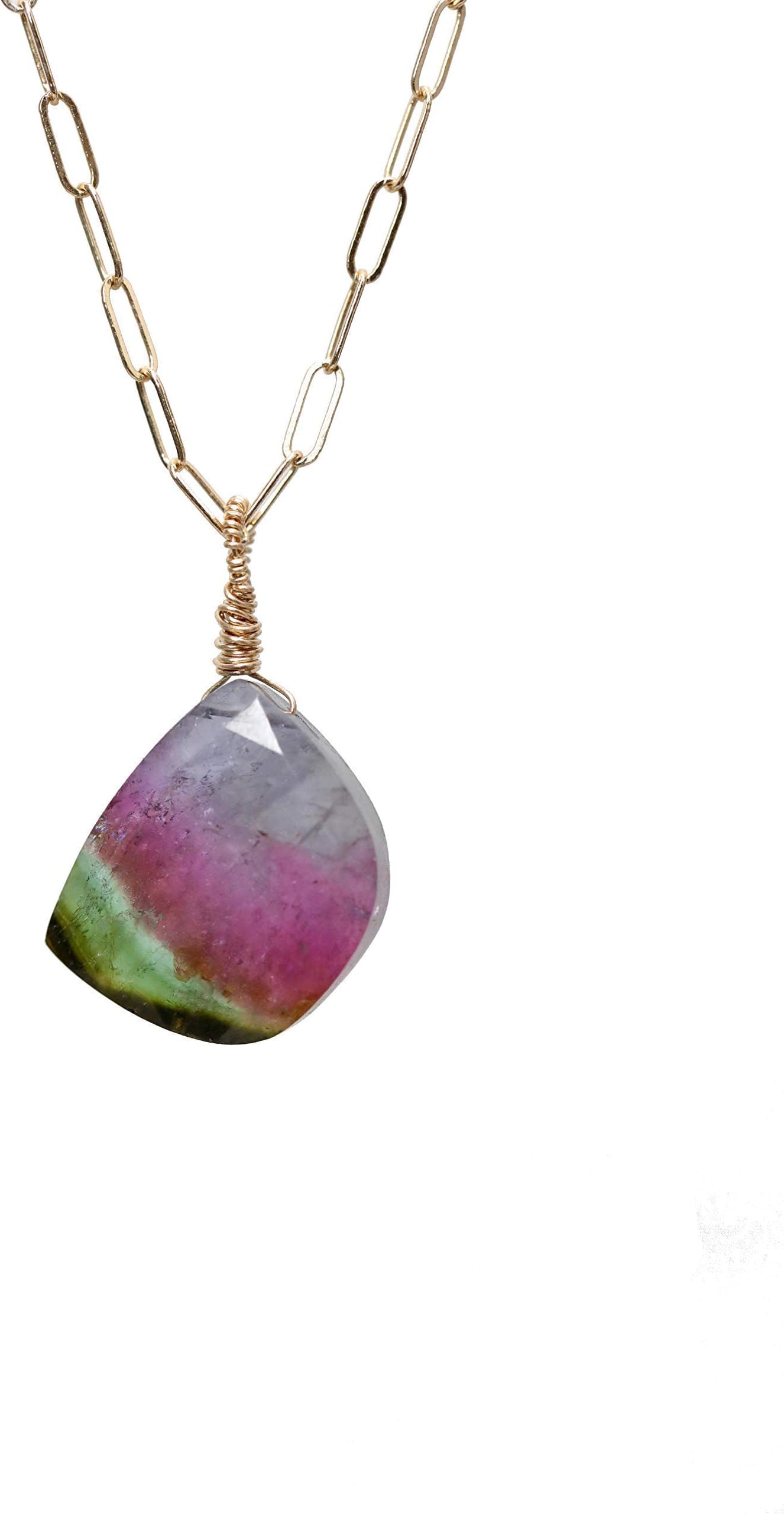 Rainbow Tourmaline Solitaire Pendant Necklace-14k Gold- Real Multicolor Tourmaline Gemstone