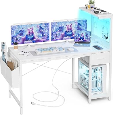 Escritorio Gaming 120x50 cm con Enchufe LED RGB Estantes Abatibles Cajón Organizador para PC Portátil Hogar/Oficina Incluye Bolso Fibra Carbono Negro