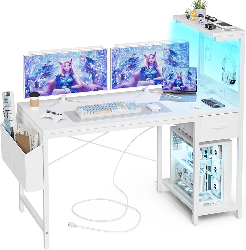Escritorio Gaming 120x50 cm con Enchufe LED RGB Estantes Abatibles Cajón Organizador para PC Portátil Hogar/Oficina Incluye Bolso Fibra Carbono Negro