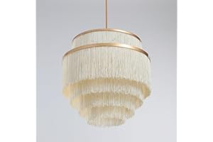 vivihobb 5-Tiered Boho Chandelier with Metal and Fringe,3 Lights Fringe Pendant Light Fixture,Tassle Chandelier for entryway,Dining Room,Baby Nursery,Gold and Light Beige