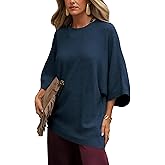 Tanming Womens Knit Sweater Crew Neck 3/4 Sleeve Oversized Tee Shirt Pullover Casual Loose Vest Tops(Navy-M)