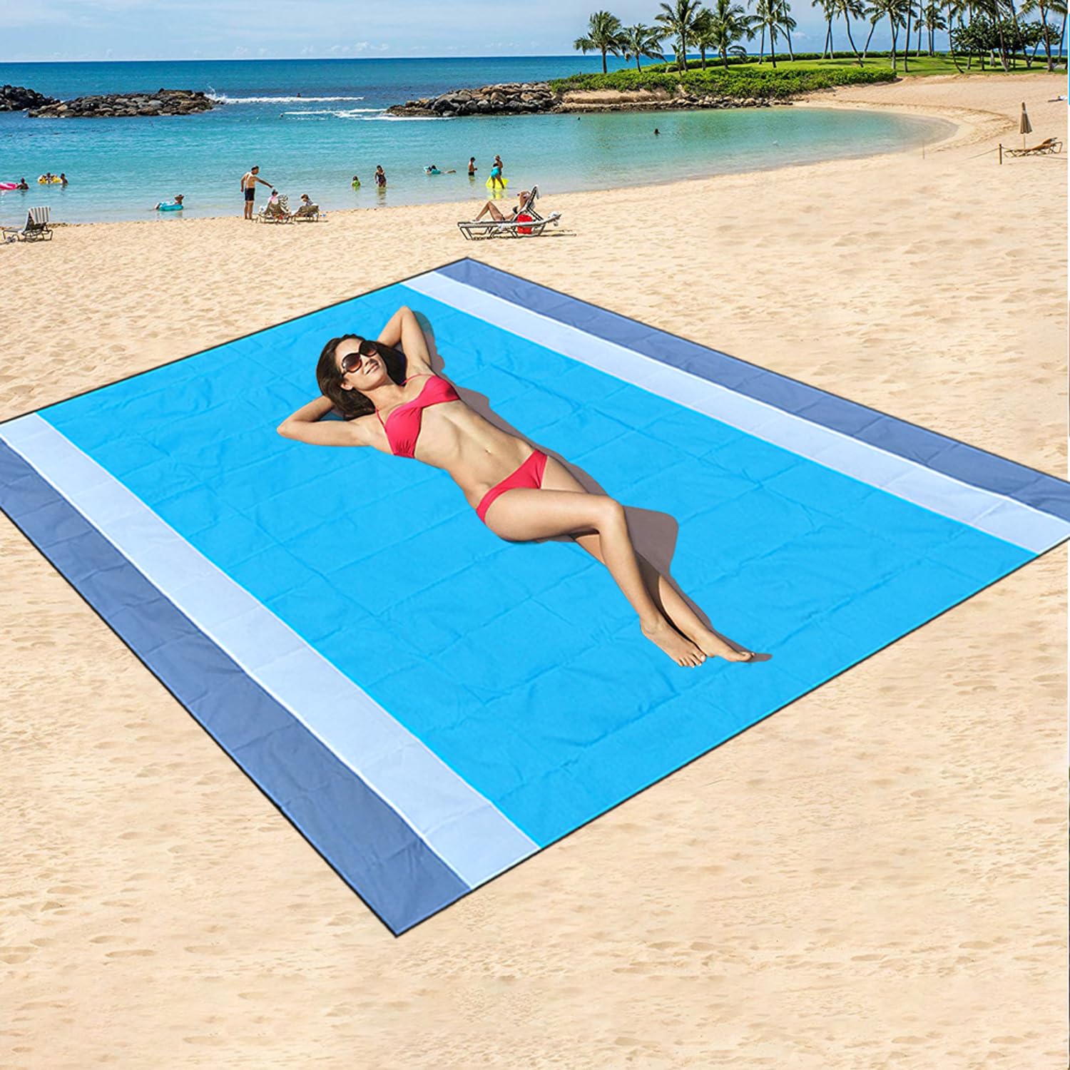 HUSTUNG Beach Blanket Extra Large 300x270cm Beach Mat Sandproof Water Resistant Portable Picnic Blanekt Outdoor Mat for Beach, Travel, Camping,Picnic and Hiking - Blue