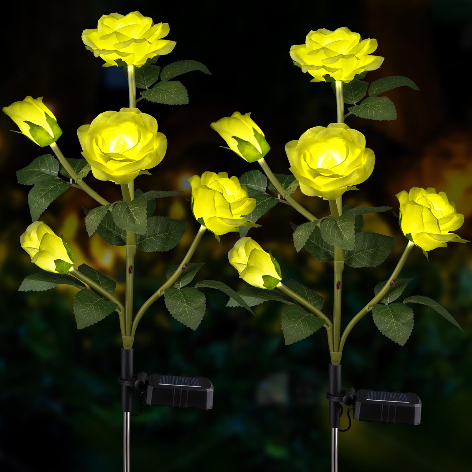 Aolyty 2 Pcs LED Solar Garden Lights, Decorative Waterproof Roses Stake Light, 5 Flowers Outdoor Artificial Ornaments for Grave Patio Pathway (Yellow)