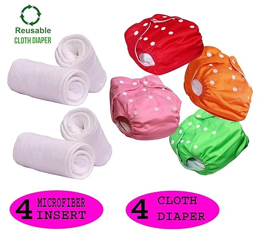 Larva Newborn Baby Reusable Cloth Diapers,Adjustable Infants Babies Nappies with Microfiber Insert, Multi Colors- (0-24 Month, Inserts,Pads Included) - Pack of (4 Cloth Diapers+4 Inserts) 8 Pcs