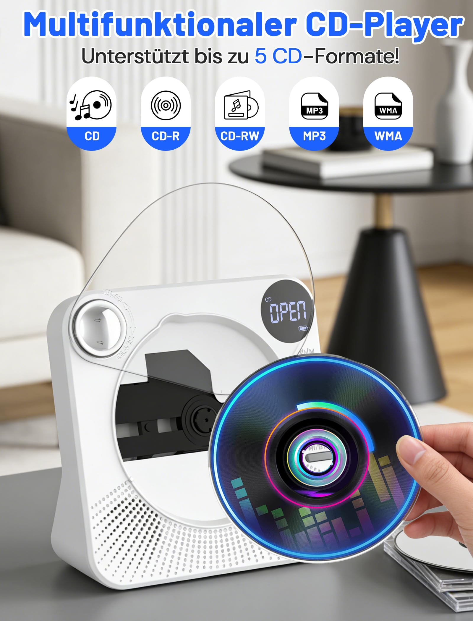Tragbarer CD-Player 4000mAh Wiederaufladbar, Bluetooth 5.1 mit Stereo-Lautsprechern, Fernbedienung, Staubschutz-Schiebedeckel, Anti-Skip, AUX/USB, CD Spieler für Zuhause & Unterwegs - Weiß 5