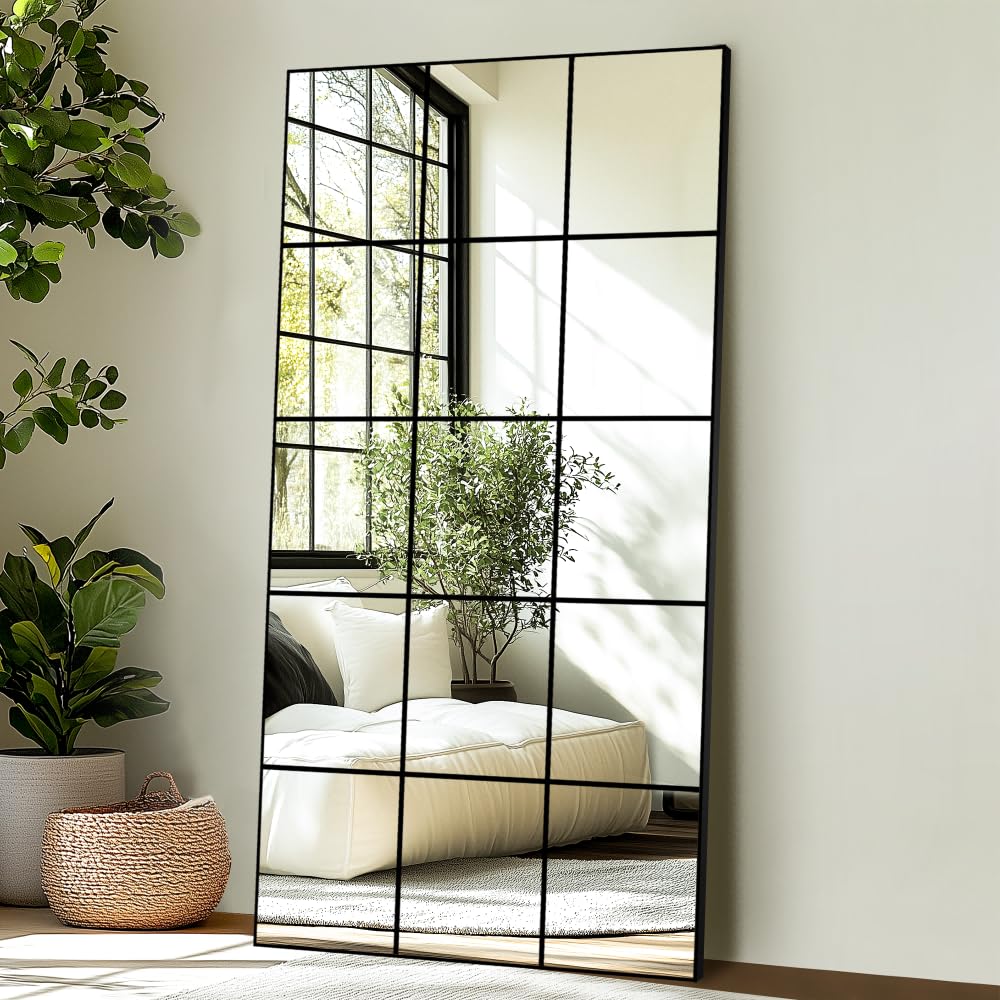 Photo 1 of Full Length Mirror, 28"x 55" Window Pane Decorative Mirror for Wall, Black Metal Framed Wall Decor, Wall Mounted, Hanging or Leaning for Bedroom, Living Room, Entryway