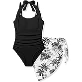 Tomolant Girls Swimsuit Halter Neck One Piece Bathing Suit with Tropical Printed Cover Up Skirt Girls' Swimwear Set 7-18Y