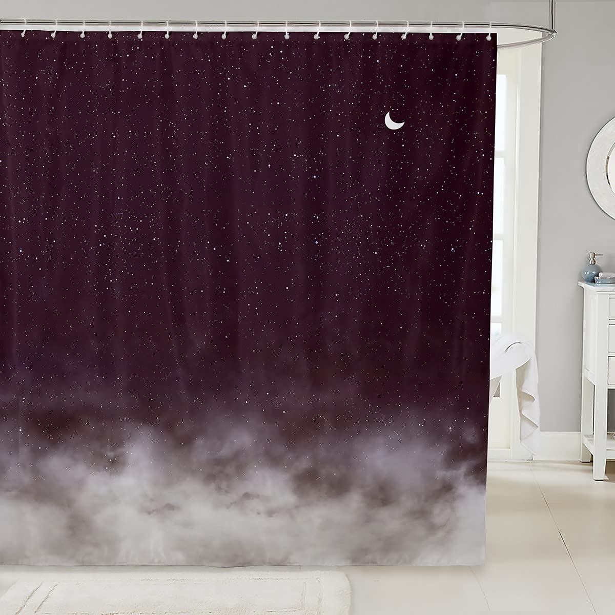 Loussiesd Shiny Star Bath Curtain Moon Star Sky Shower Curtain Gradient Fuchsia White Bathroom Fabric for Teens Stalls Bathtubs Romantic Waterproof Curtains 72x78 Inch — image 1