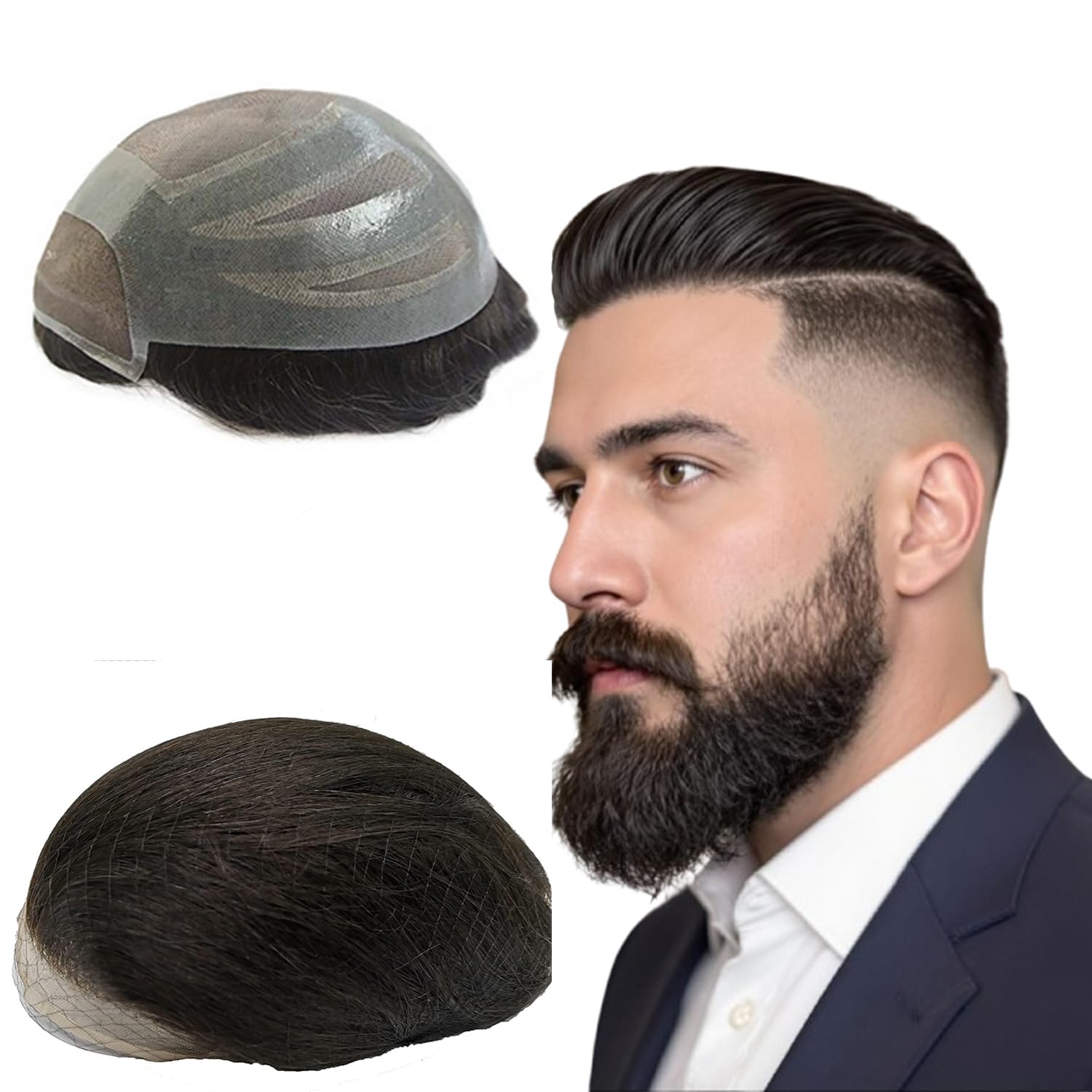 Natural Black Human Hair Mens Toupee Hairpieces Replacement System Combined lace and PU around base 10X8 inch large size N.L.W. Off Black 6 inch hair piece