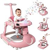 Baby Walker, 4-in-1 Baby Walker with Wheels Portable, Foldable Infant Toddler Walker for Boys Girls 6-18 Month,Removable Footrest,Car Steering Wheel & Music, Adjustable Push Walker Pink