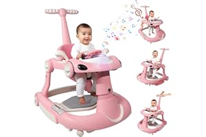 LERRUTUE Baby Walker, 4-in-1 Baby Walker with Wheels Portable, Foldable Infant Toddler Walker for Boys Girls 6-18 Month,Removable Footrest,Car Steering Wheel & Music, Adjustable Push Walker Pink