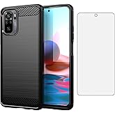 Asuwish Phone Case for Xiaomi Redmi Note 10 5G with Tempered Glass Screen Protector Cover and Cell Accessories Slim TPU Silicone Protective Poco M3 Pro/Redme Note 10T G5 Women Men Carbon Fiber Black