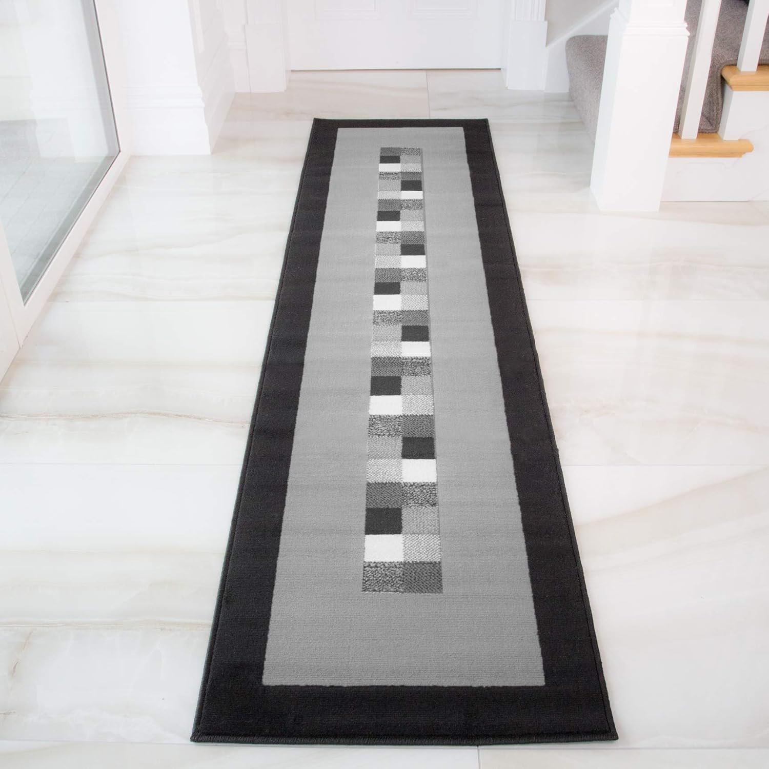 Milan Soft Modern Black & Grey Border Rug 777-H51-5 Sizes, 60cmx240cm (2ft x 7ft 10")