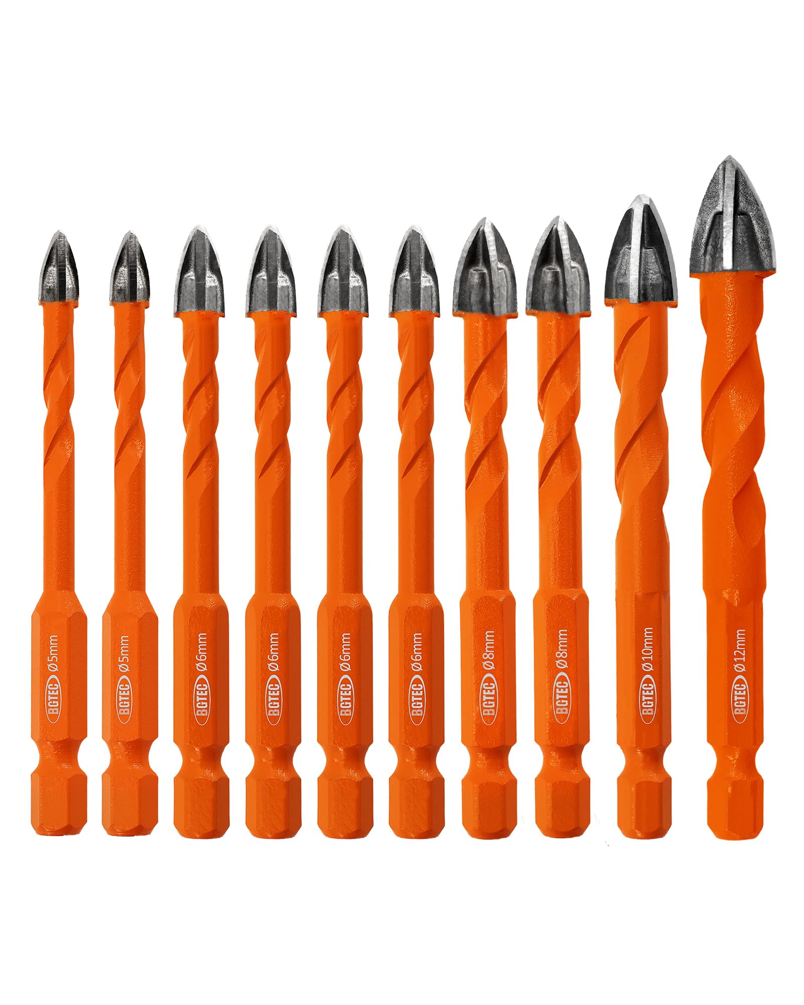 BGTEC Masonry Drill Bits Set - 5mm*2/6mm*4/8mm*2/10/12mm Tungsten Carbide Tip Tile Drill Bit Set for Ceramic Tile, Brick Wall, Concrete, Wall Mirror, Glass, Plastic and Wood Hex Shank. — image 1