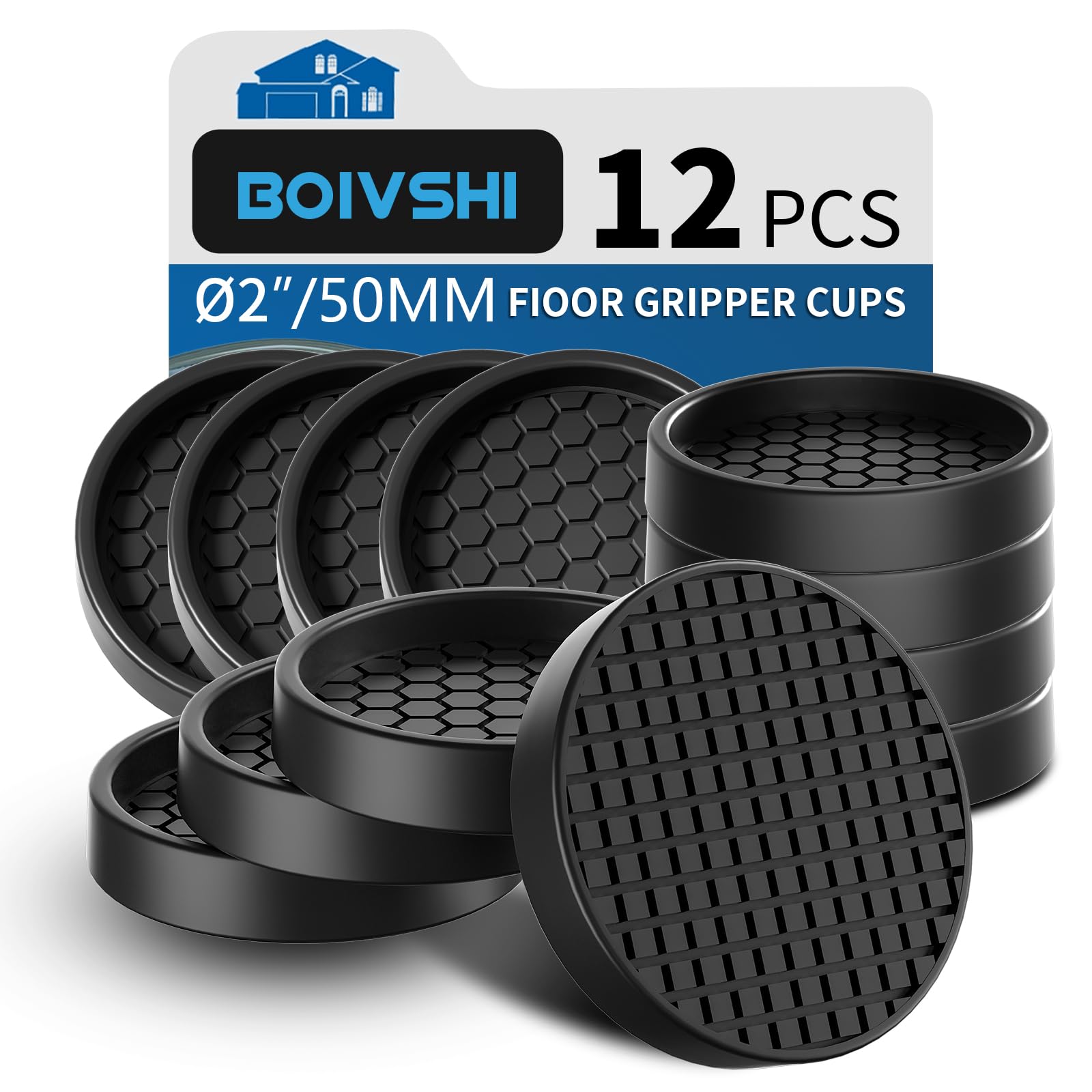 Ø 50mm Furniture Gripper，Non Slip Pads，Sofa Feet Stopper Pads，Thick Rubber Furniture Coaster，Heavy Duty Cushions，Prevent Scratches & Damage Hardwood Floor Bed，Chair Protectors, 12 Pcs Round Black
