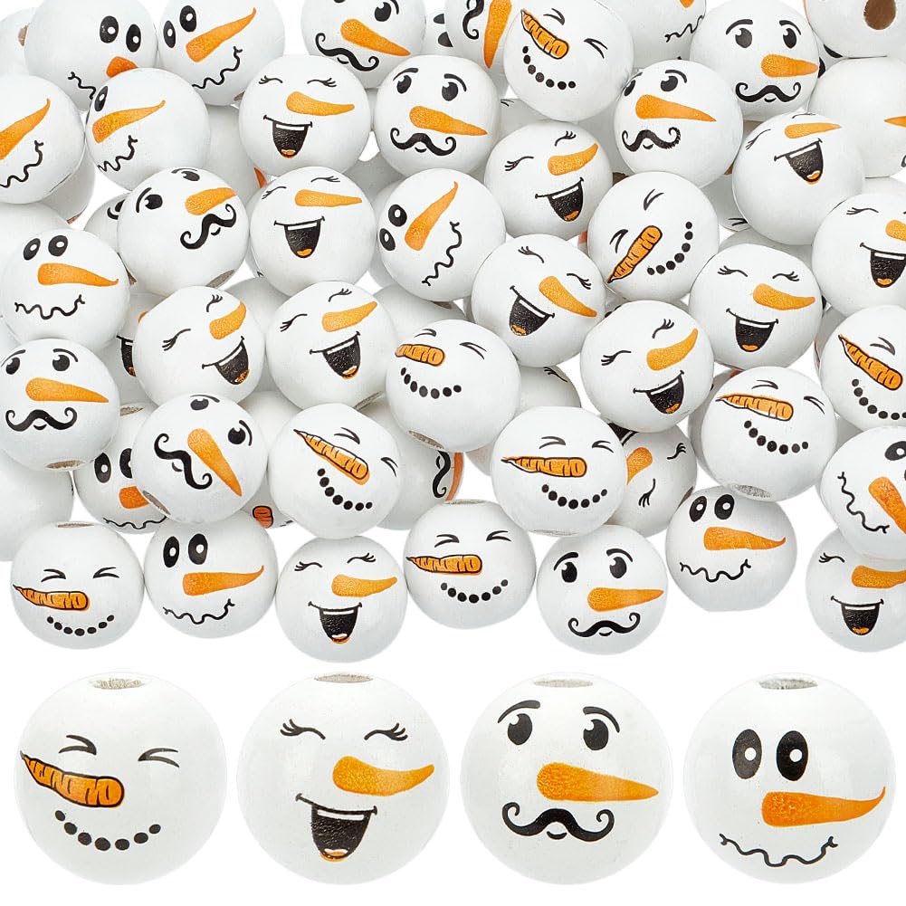 PH PandaHall 4 Styles 16mm Christmas Beads Snowman Wooden Beads, 80pcs Christmas Macrame Bead Hair Bead for Home Decoration New Year Party Winter Garland Braided Hair Jewellery Making, 4.2mm Hole
