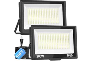 ISUERFY 200W LED Flood Light Outdoor with Plug+10ft Wire, 24000Lm Super Brighter Security Light, IP66 Waterproof LED Worklight, 5000K Daylight White Exterior Floodlight for Yard Garden Garage Stadium(2 Pack)