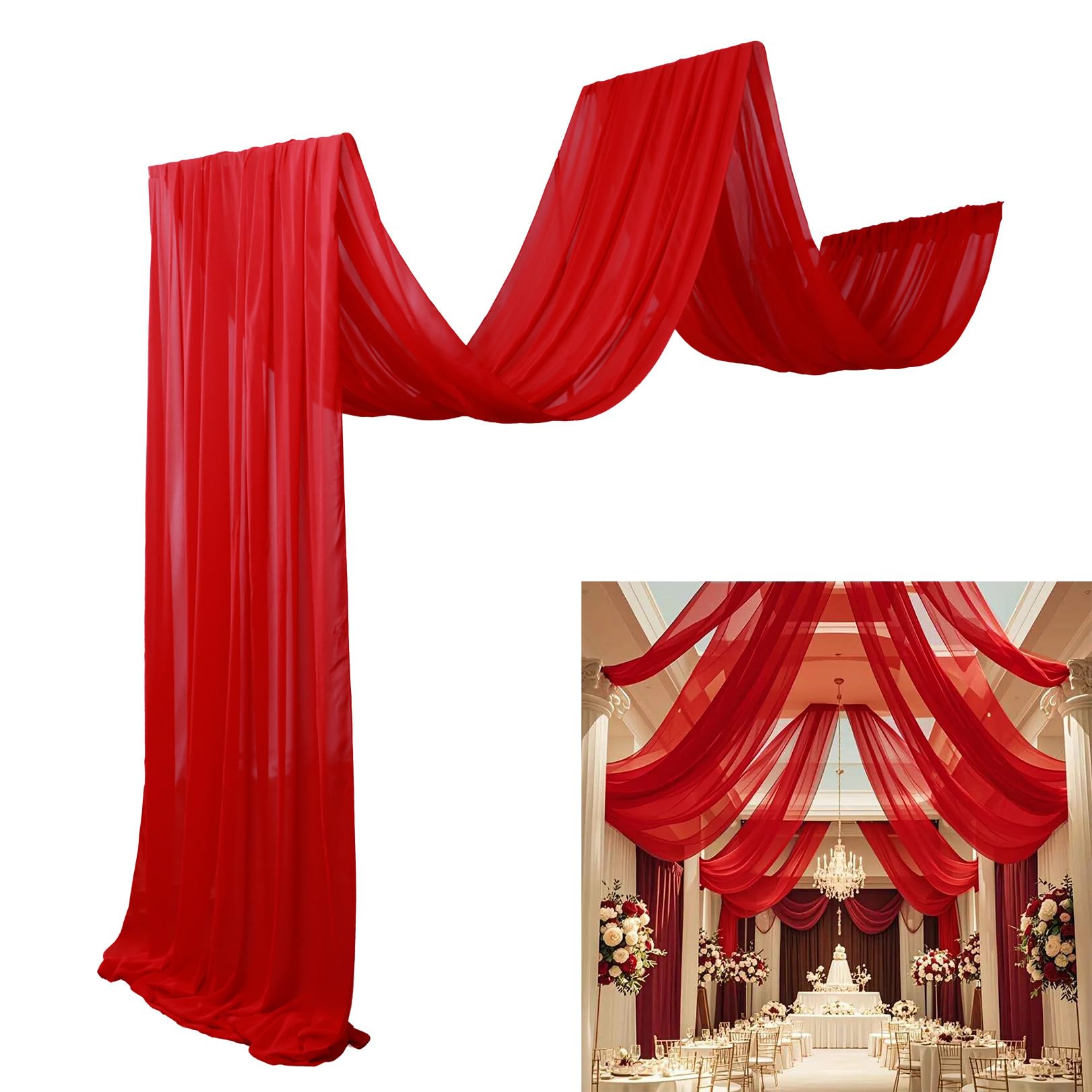 Photo 1 of DUOBAO Chiffon Ceiling Drapes 20ft Red Wedding Backdrops 4 Panels 5×20ft Sheer Backdrop Curtains for Reception Wedding Ceremony Dark Red Sheer Arch Drapes Fabric Event Party Supplies