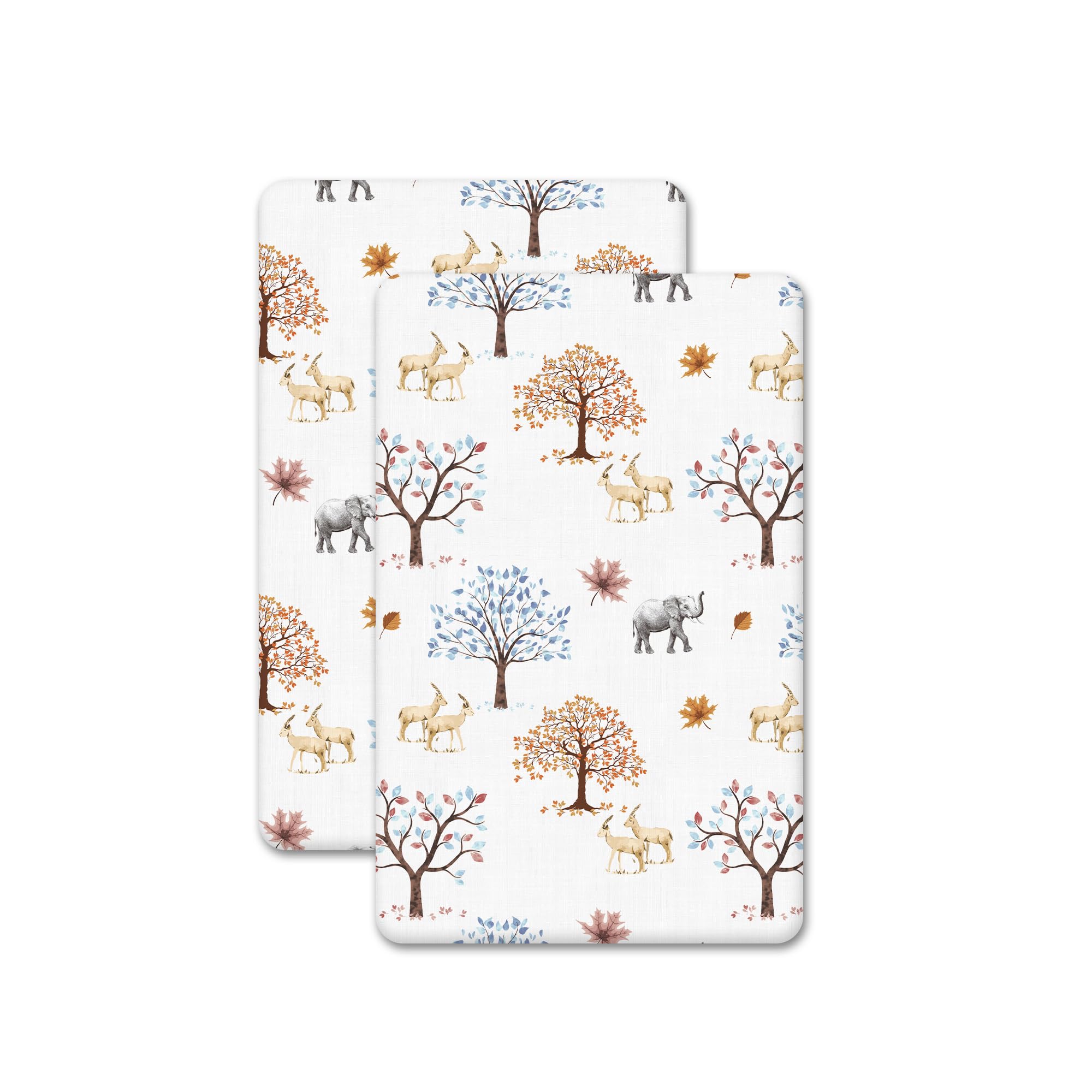 2 x Travel Cot Fitted Sheets - 100% Cotton, Soft & Comfy, Antiallergic & Breathable (Animals & Trees, 95 x 65 cm)