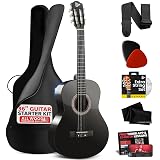 Pyle Beginner Acoustic Guitar Kit, 3/4 Junior Size All Wood Instrument with Full Accessory Kit, Picks, Shoulder Strap, Carry Case, Cleaning Cloth, Tuner App, 2 Month Lessons, 36” (Black Gloss)