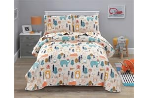 Junsey Kids Quilt Full/Queen Size Bear Bedding Set,3Pcs Forest Tree Bedspread Animals Coverlets, Lightweight Reversible Cartoon Bedspread Deer Owl Bedding Pillow Shams