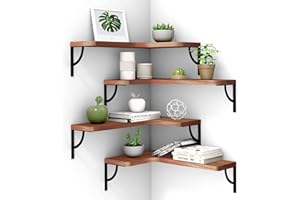 Canupdog Corner Floating Shelf Wall Mount 4 Tier Wood Floating Shelves, Easy-to-Assemble Tiered Wall Storage, Wall Organizer for Bedrooms, Bathrooms, Kitchens, Offices, and Living Rooms (Red)