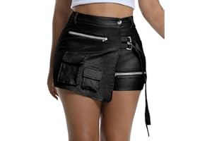 Leather Shorts Sexy High Waisted Faux Leather Split Skort Women's Y2K Cargo Shorts with Pockets for Rave Club
