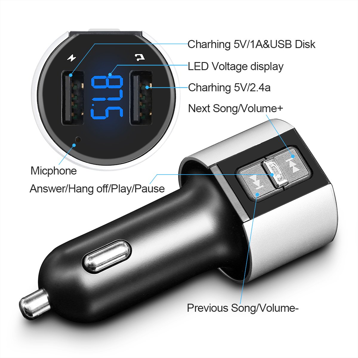 FM transmitter,bluetooth Handsfree Car Kit,Wireless Radio Audio Adapter,Car MP3 Player with Dual USB Port Car Charger