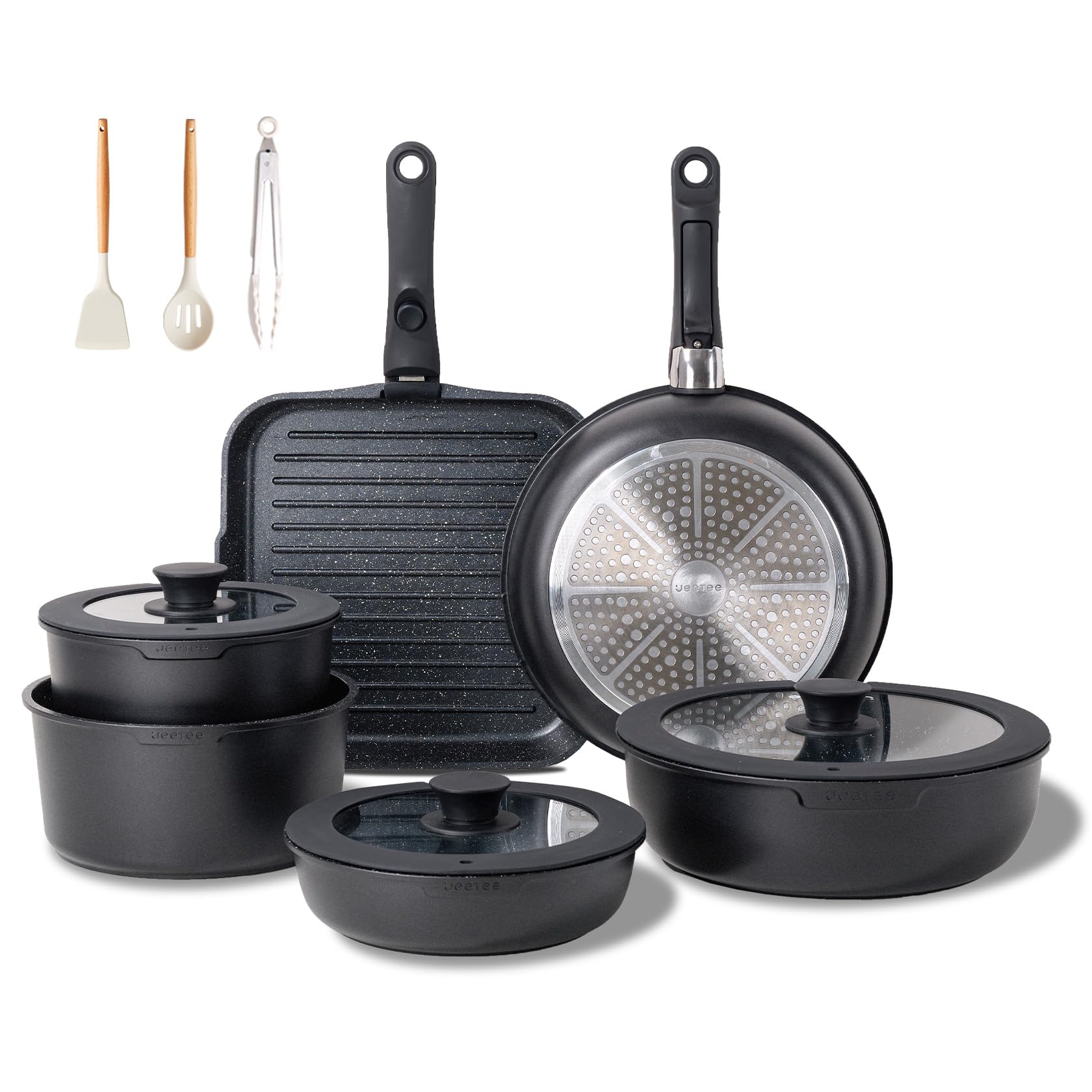 Photo 1 of JEETEE Pots and Pans Set Non Stick 25pcs, Cookware Set with Removable Handle, Induction Kitchen Cooking Sets with Detachable Handle, RV Camping Stackable Pots Pans, Oven Safe, PFOA Free, Black