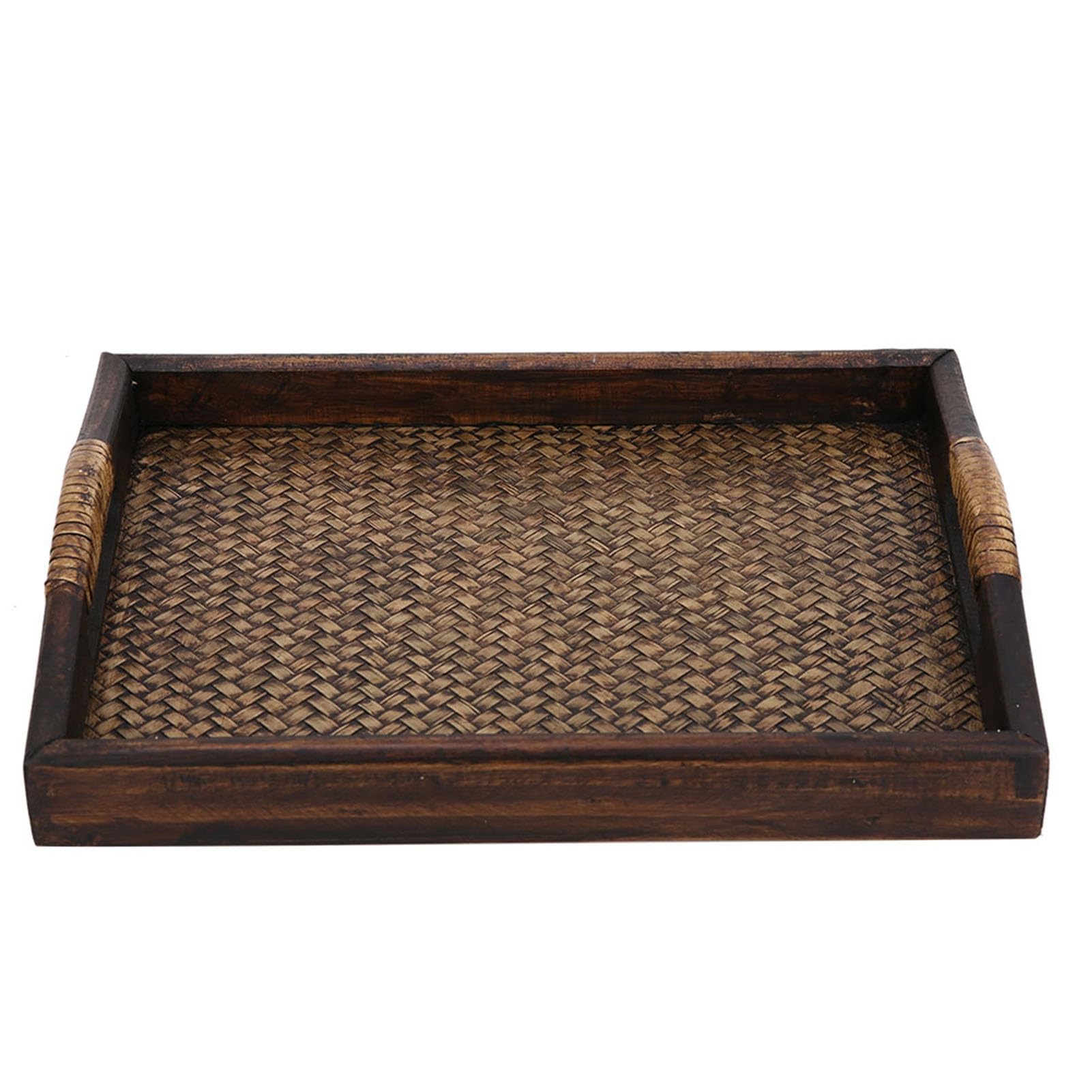 Hand Woven Rattan Serving Tray with Handles,12x9x2.6 inch Rectangular Storage Tray Wood Breakfast Decorative Coffee Table Plate for Kitchen Kitchen Accessories
