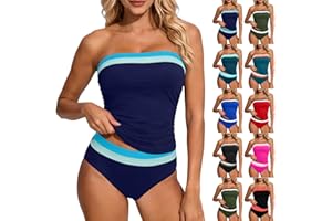Women's Bandeau Tankini Swimsuits Two Piece Tummy Control Bathing Suit Summer Beach Strapless Swimwear with Bottoms