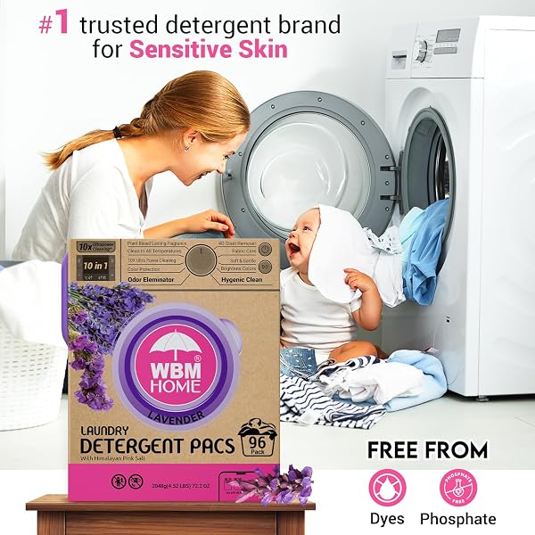 WBM 10-IN-1 LAUNDRY PODS WITH SOFTENER & SCENT BOOSTER, 96 COUNT, HIGH EFFICIENCY (HE), FABRIC SOFTENER, LAVENDER EXTRACTS, STAIN LIFTER, ECO-FRIENDLY, GENTLE, FRESH